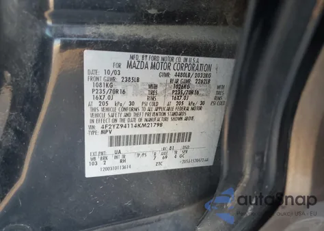 2004 Mazda Tribute Lx из США, поврежденный, VIN 4F2YZ94114KM21798